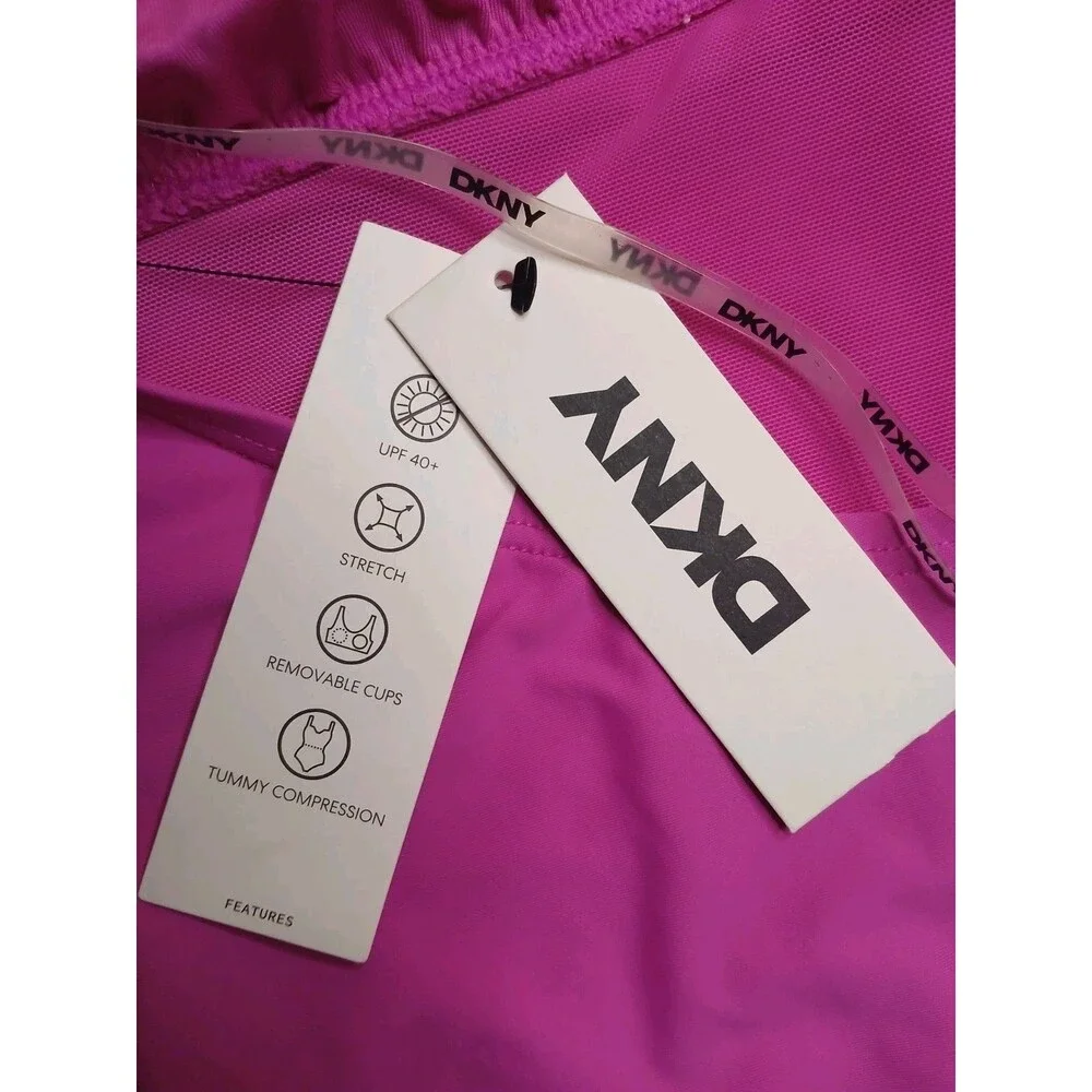 DKNY Swimsuit Sz L Halter Tie Top Ruched Sides Hot Pink Padded UV Protection NWT - Picture 8 of 12